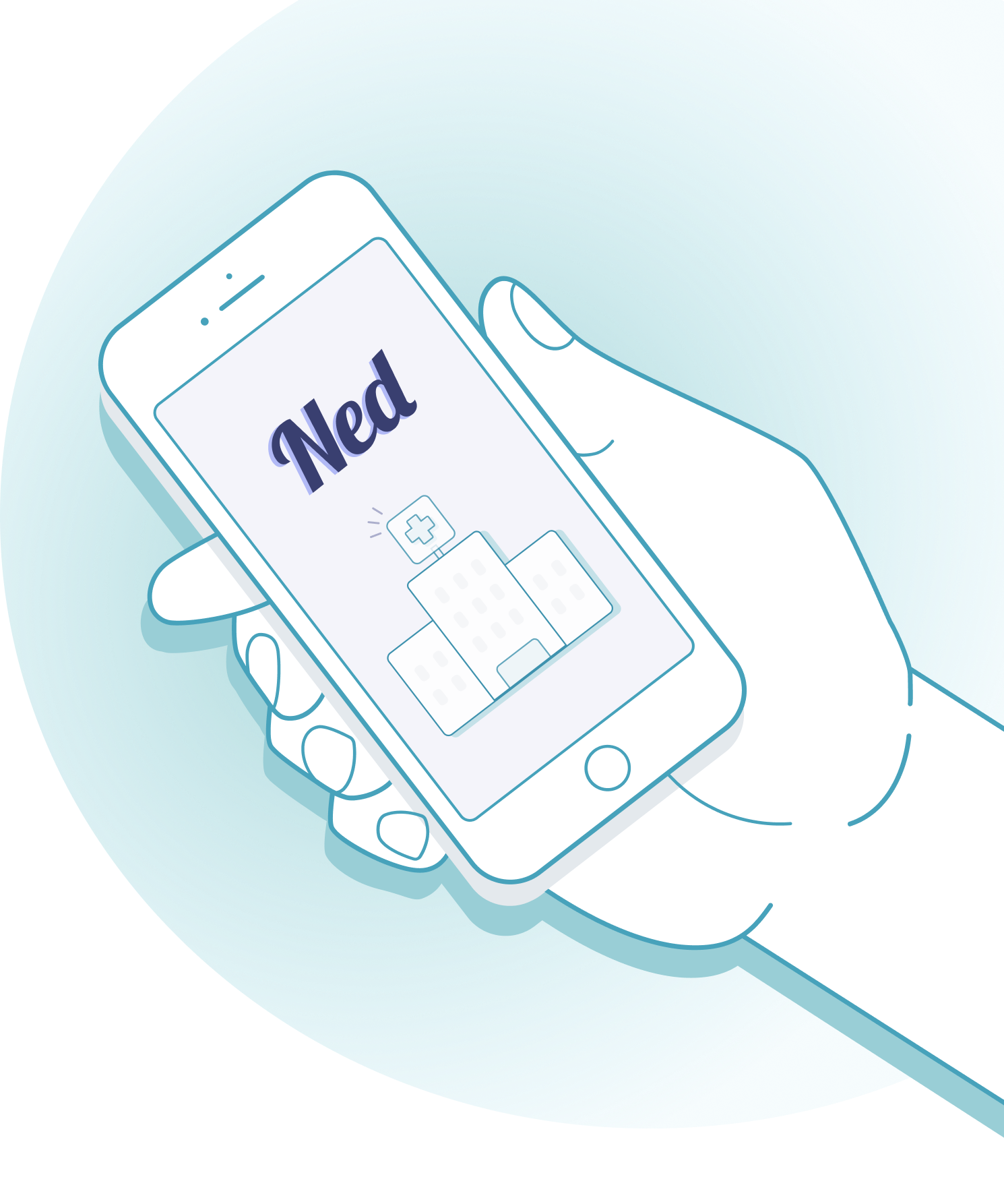 This is an illustration of a hand holding a phone with the Ned logo on it.